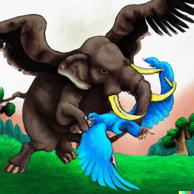 DALL·E 2022-12-21 15.46.15 - a blue bird fighting with a mastodon